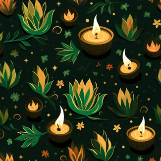 A seamless pattern featuring burning candles, green leaves, and flowers in dark green and dark amber colors.