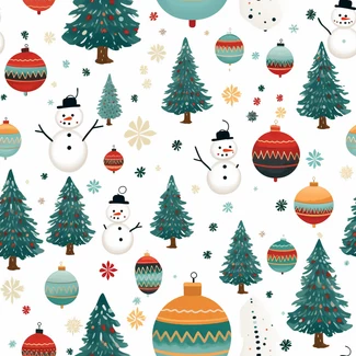 A festive Christmas pattern featuring playful illustrations of pom poms, trees, snowmen, Santa Claus with ornaments, and baubles on a white background with accents of light amber and teal.