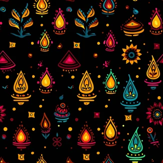 Colorful Diwali pattern with lamps, flowers, and rural motifs