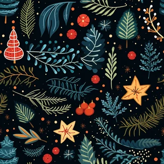 A festive Christmas pattern with dark red and dark emerald foliage and traditional holiday decorations on a black background.