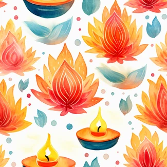 Colorful and glowing Indian watercolor pattern with candle leaves and traditional symbols, perfect for Diwali celebrations.