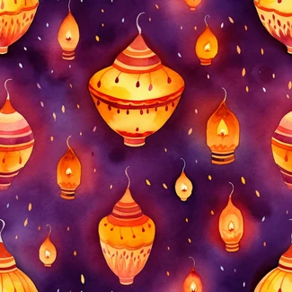 A vibrant watercolor pattern featuring intricate lanterns in shades of red, purple, violet, and amber.