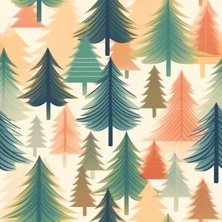 Festive Pine Trees seamless pattern featuring colorful woodcarvings of pine trees in a mid-century minimalist illustration style with soft gradients and muted tones.