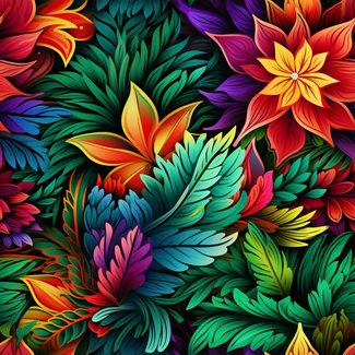 Colorful tropical flower seamless pattern with leaves and feathers