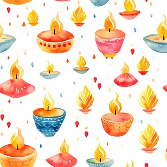 Colorful and bright oil lamps set against a white background in a watercolor pattern for Diwali celebration