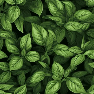 A seamless pattern of green basil leaves with dramatic shading on a black background.