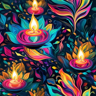A seamless pattern with colorful flames, leaves, and branches on a dark background.