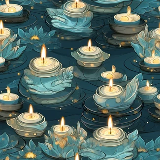 A stunning pattern featuring floating candles in water with intricate details and layered compositions, inspired by traditional Vietnamese motifs and romantic floral elements, in a serene color palette of light gold and dark aquamarine, with realistic lighting and sparkling water reflections.
