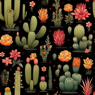 A colorful cactus and flower pattern on a black background.
