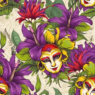 A seamless pattern of brightly colored carnival masks and flowers on a light-colored background.