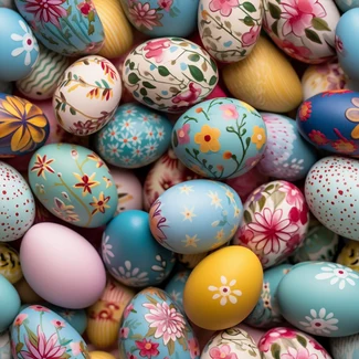 Colorful Easter eggs painted with intricate floral patterns
