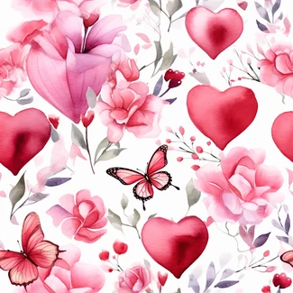 A beautiful seamless pattern featuring pink hearts and butterflies set against a background of red floral accents.