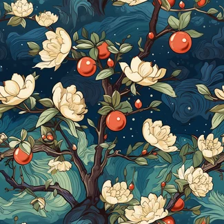 Floral Tree under Starry Night pattern featuring a tree in full bloom, set against a starry night sky, with floral motifs in shades of dark cyan and red