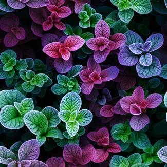 A seamless pattern featuring purple and green leaves set against a dark cyan and crimson background with light magenta and light black highlights.