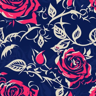 A pattern of flourishing roses in shades of red and blue on a dark pink and navy background, with intricate art nouveau designs and pop art motifs.