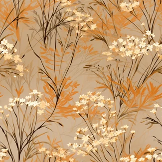 A seamless pattern featuring flowers in earthy hues arranged in a naturalistic landscape with twisted branches.