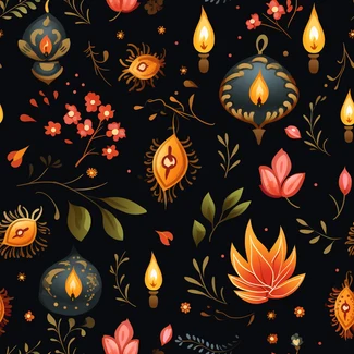 A seamless pattern of lanterns, flowers, and candles in black and orange colors inspired by folklore and traditional oil paintings.