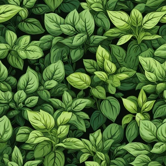Seamless pattern of lush green basil plants with detailed shading and naturalistic landscape backgrounds.