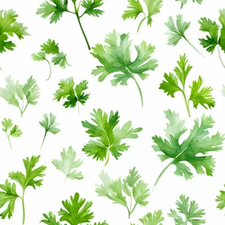A seamless watercolor pattern of fresh green parsley leaves on a white background
