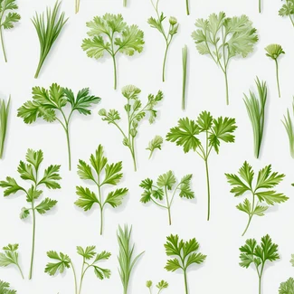A seamless pattern of fresh parsley leaves on a white background with light green and dark gray color scheme.
