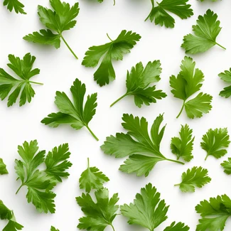 Repeating pattern of fresh parsley leaves on a white background