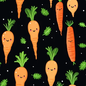 A seamless pattern of carrots with happy faces on a black background