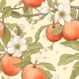A seamless pattern featuring apples and peaches on a branch with blossoms.