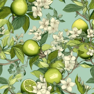 A beautiful seamless pattern of limes and apples intertwined with their branches, leaves and flowers. Light green and light aquamarine color scheme with high-contrast shading. Organic, high-resolution style.