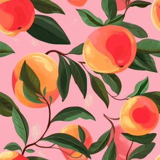 A seamless pattern featuring charming peach and apple branches on a pink background, in the style of Tanya Shatseva, neo plasticism, Jean Auguste Dominique Ingres, collage-style paintings, organic material, golden age illustrations, and watercolor patterns.