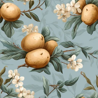 A seamless pattern of pears, yellow blossoms, and flowers on a blue background.