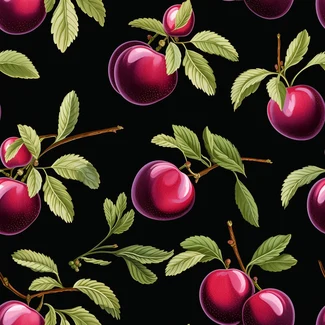A seamless pattern of red plums, leaves, and branches on a black background, with a glossy finish.