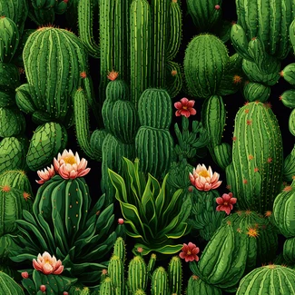 A highly detailed pattern featuring a variety of cactus plants and flowers set against a black background.