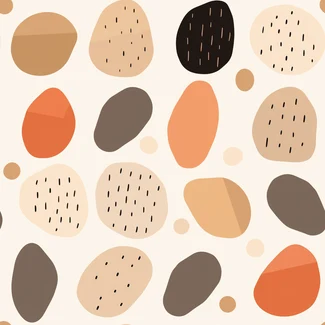 Geometric potato pattern with beige, brown, and orange flecks on a warm, earthy background.