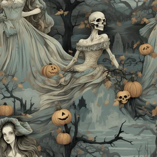 A spooky Halloween-themed fabric pattern featuring four ghostly women in long gowns, pumpkins, and skeletons on a gray and aquamarine background.