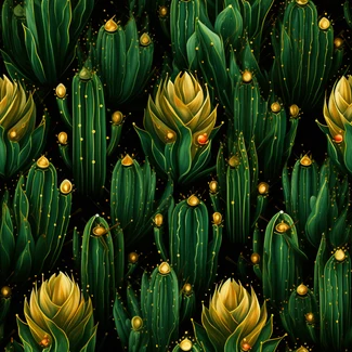 A seamless pattern of golden cactus leaves and bugs set against a dark green background, with intricate floral motifs and water droplets. The biomorphic forms of the cacti are reminiscent of crystals, adding a touch of magic to the pattern.