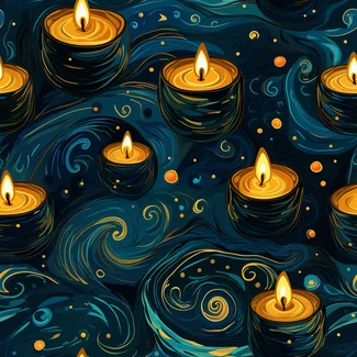 Golden candles and naturalistic waves on a night sky background