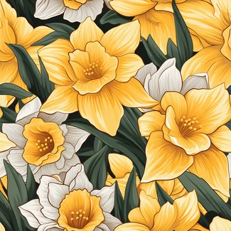 A repeating pattern of yellow daffodils on a dark gold and white background