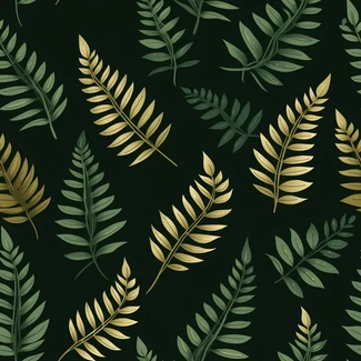 Golden fern leaves on dark green background seamless pattern