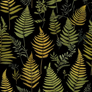 A seamless pattern of golden fern leaves on a black background.