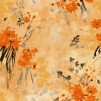 A warm and inviting floral pattern featuring delicate brushstrokes in oranges, golds, and muted blues.