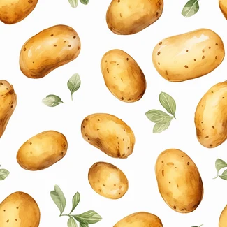 A seamless pattern of potatoes and leaves on a white background with a golden age aesthetic.