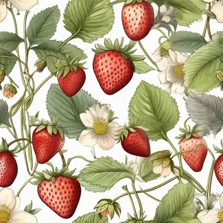 A botanical illustration featuring a seamless pattern of strawberries and leaves in muted colors.