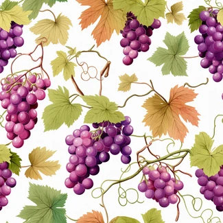 A seamless pattern featuring grape leaves and grapes on a white background