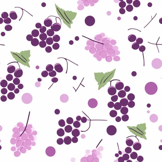 A seamless pattern featuring light purple grapes on a white background with playful motifs and translucent colors.