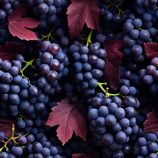 A pattern of red and purple grapes with black grapes surrounded by leaves