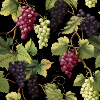 A seamless pattern of grape vines with purple and red grapes and leaves on a black background.