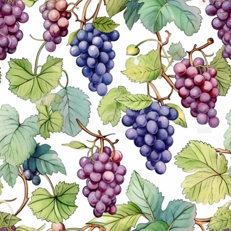 Botanical watercolor grape pattern with bright purple grapes on a white background