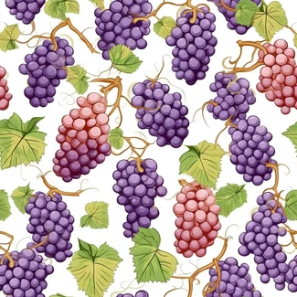 A playful and colorful pattern of grapes on a white background.