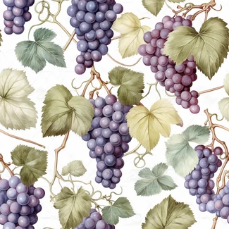 A seamless pattern of grapes and leaves with pastel colors on a white background.