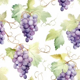 A seamless watercolor pattern of grapevines with twisted branches and leaves, set against a clean white background.